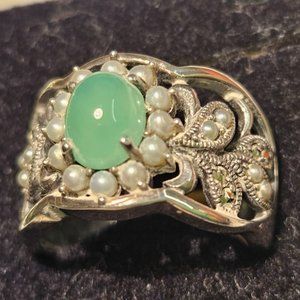 925 sterling aventurine ring with seed pearls and marcasites